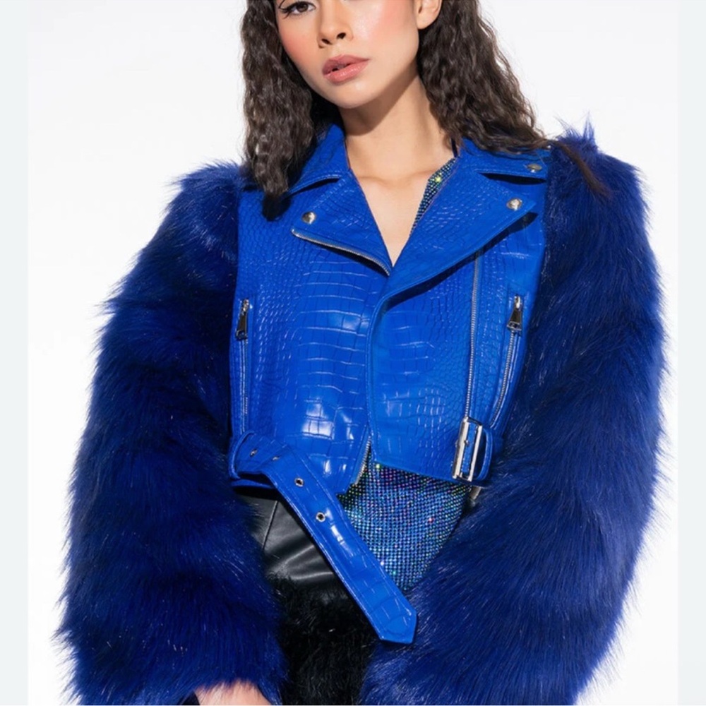 AKIRA Royal Blue Faux Fur Leather Jacket
